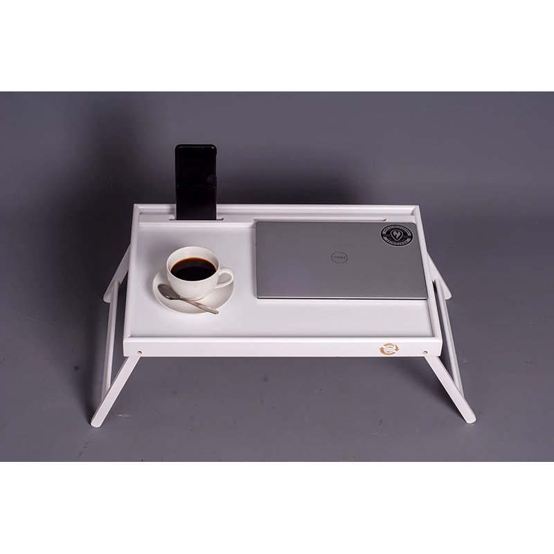 Mantraraj Bamboo Wooden Breakfast Serving Table With Folding Legs Slot For Phone Tablet Snack Tray