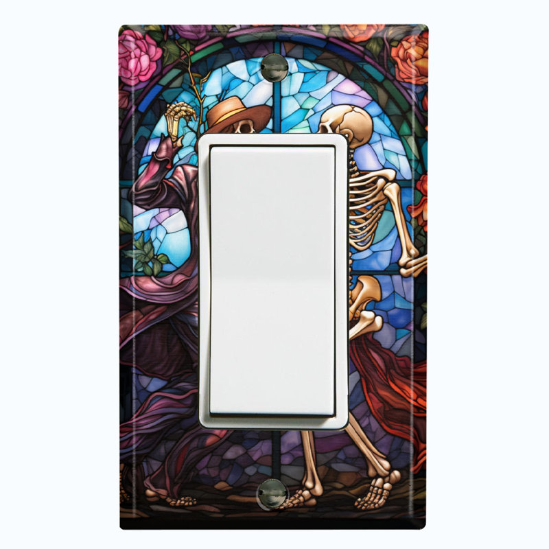 Metal Light Switch Plate Outlet Cover (Halloween Skeleton Dance Flower - Single Rocker)