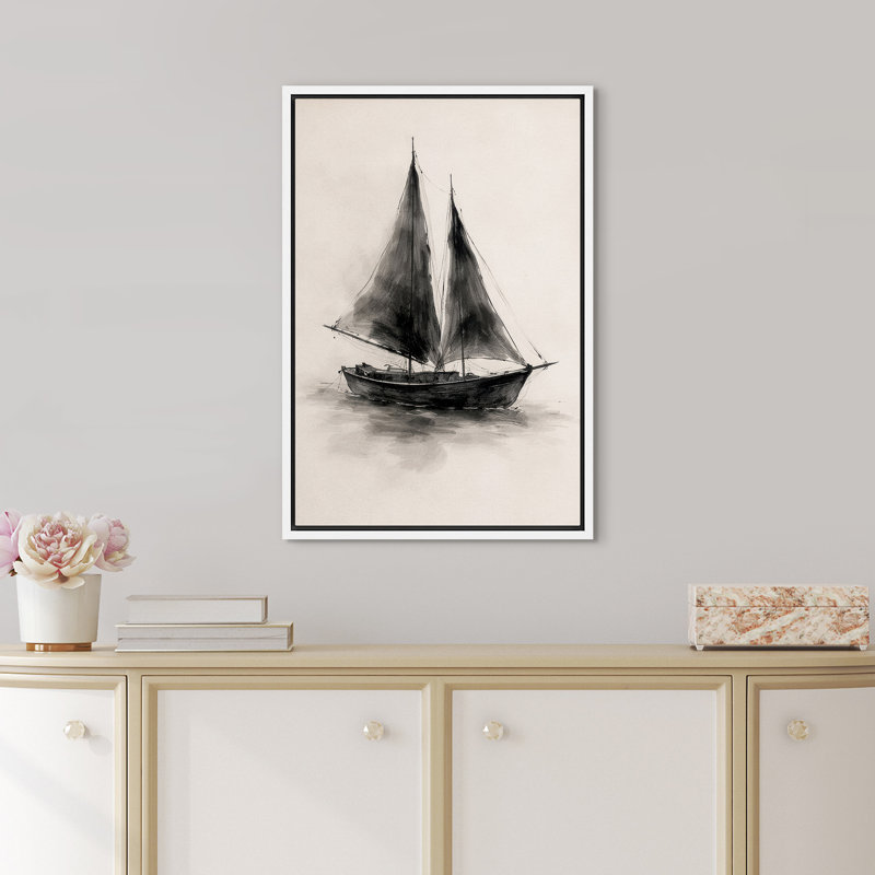 «Minimalist Black Sailboat Coastal Scene», reproduction d'art sur toile encadrée, H 24 po x l 16 po, Blanc