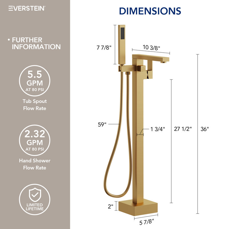 Single Handle Floor Mounted Freestanding Tub Filler with Hand Shower and Valve, Brushed Gold