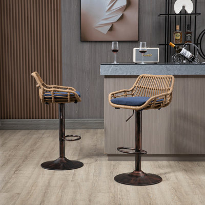 2 chaises de bar en lin bleues réglables avec repose-pieds pour la cuisine et la salle à manger 2 chaises, hauteur de la pièce