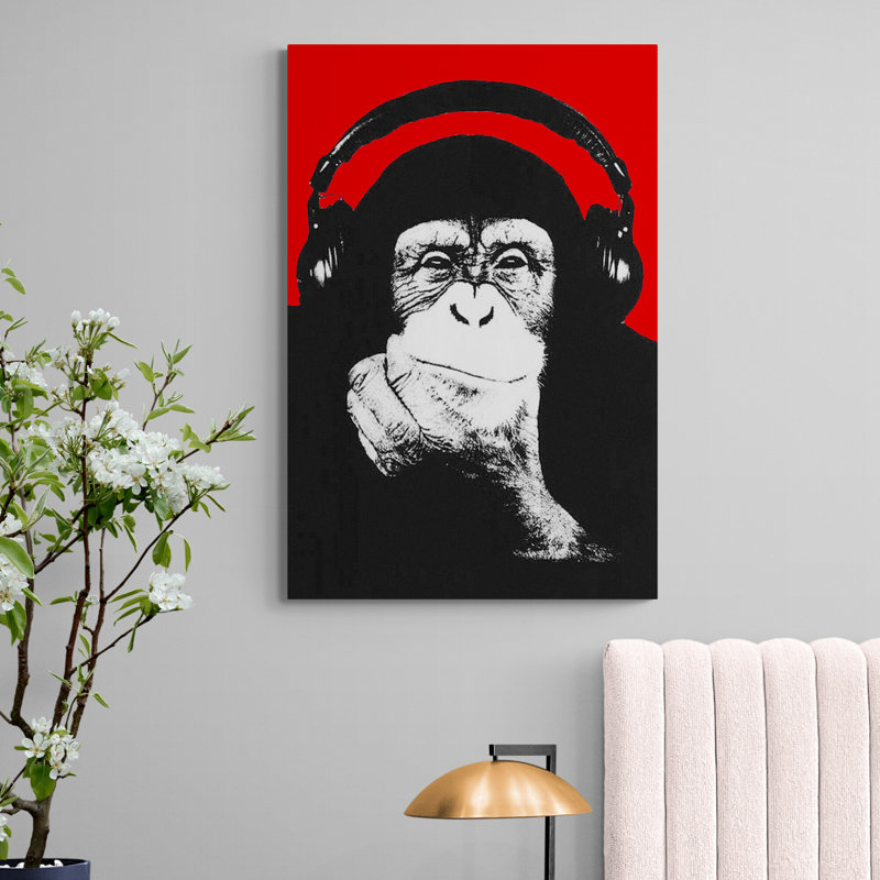 Monkey Headphones Thinking - Wrapped Canvas Print, 41cm H x 31cm W x 4cm D