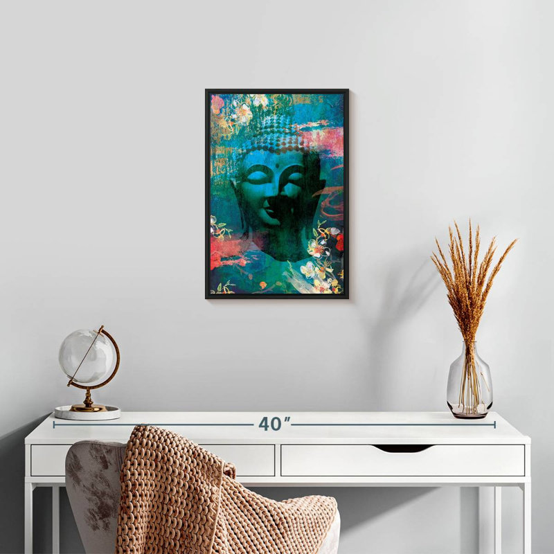 Tête de Bouddha fleurie I, 13 po x 19 po, Cadre flottant noir