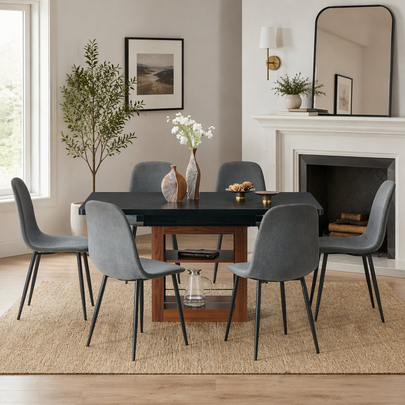 Ensemble de table et de salle à manger extensible avec table coulissante de 59 à 71 pouces, 6 chaises en lin et coton gris foncé, mobilier de luxe moderne et léger pour les restaurants et les cuisines