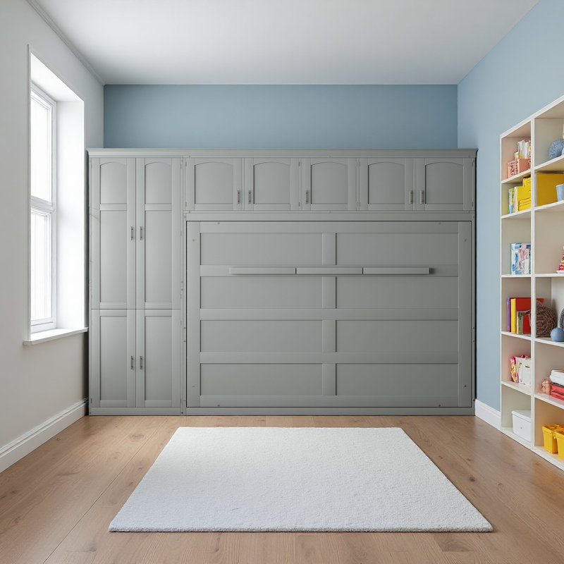 Grand lit escamotable mural avec armoires, Gris