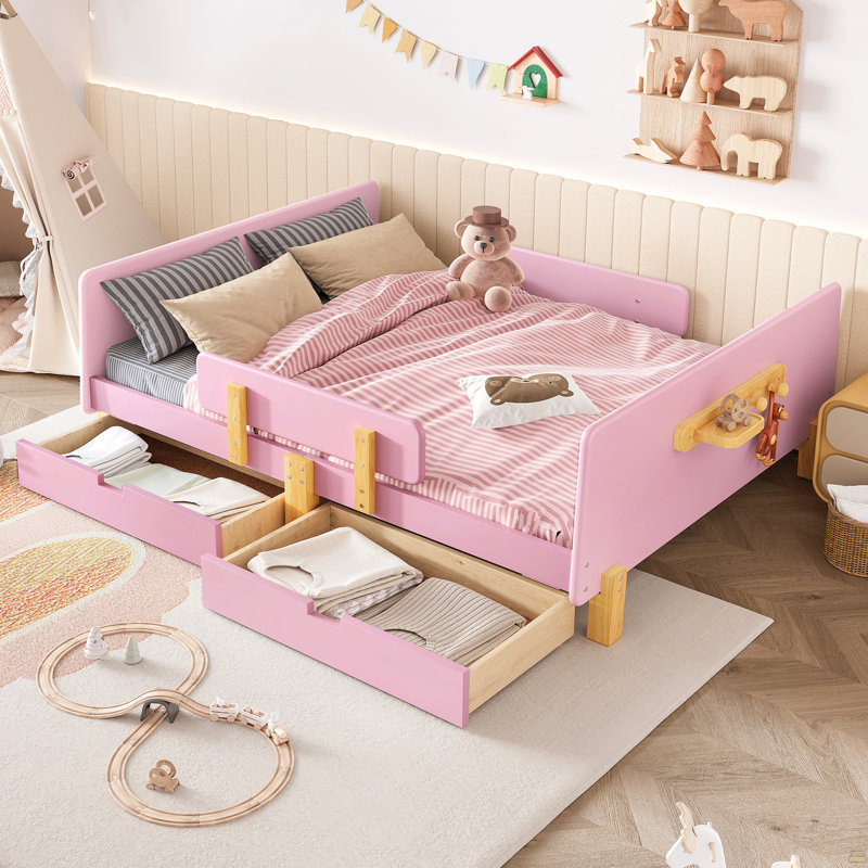Lit plateforme double avec tiroirs de rangement, structure de lit en bois massif, Full, Pink