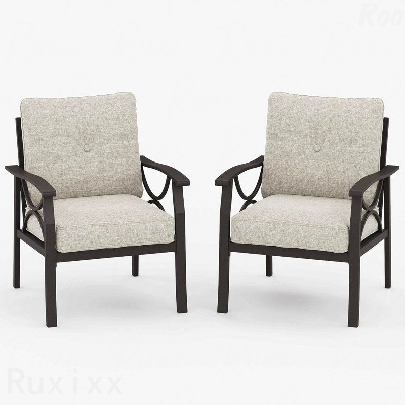 Ensemble de 2 fauteuils en métal toutes saisons, structure kaki avec coussins beiges, Beige, Kaki