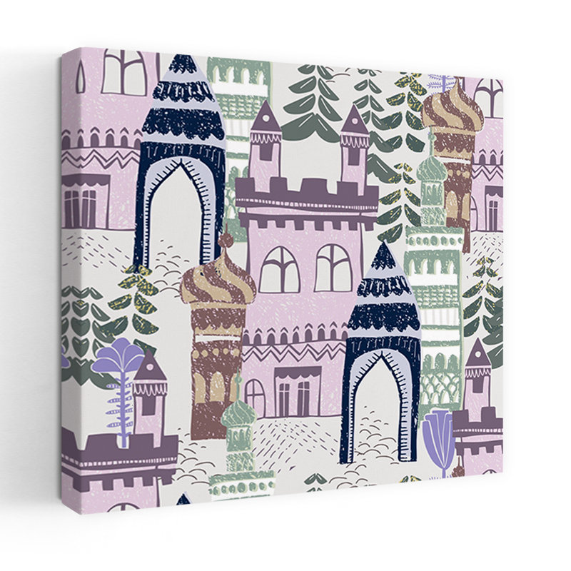 Châteaux fantastiques colorés, architecture abstraite et ludique, forêt, affiche murale, 24" H x 24" W