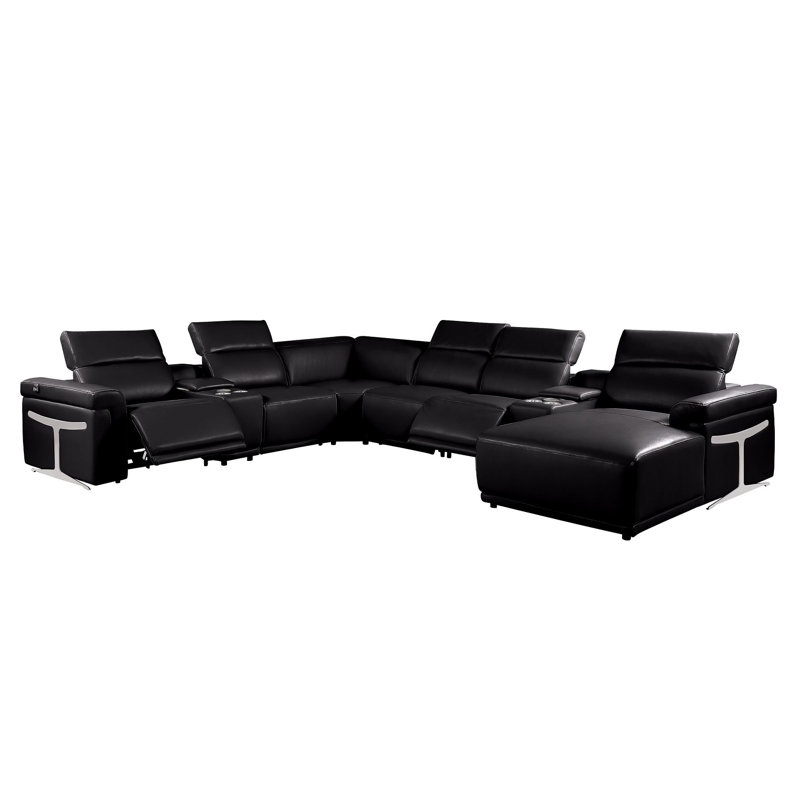 Canapé modulaire en forme de L noir en cuir italien de qualité supérieure avec 2 fauteuils inclinables électriques et 2 appuis-tête réglables noirs faisant face à la droite
