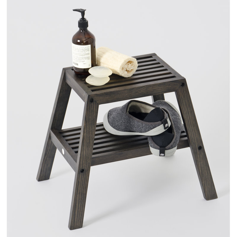 Belinda Slatted Wooden Bathroom Stool – Solid Wood Seating for Modern Bathrooms, Dark Oak