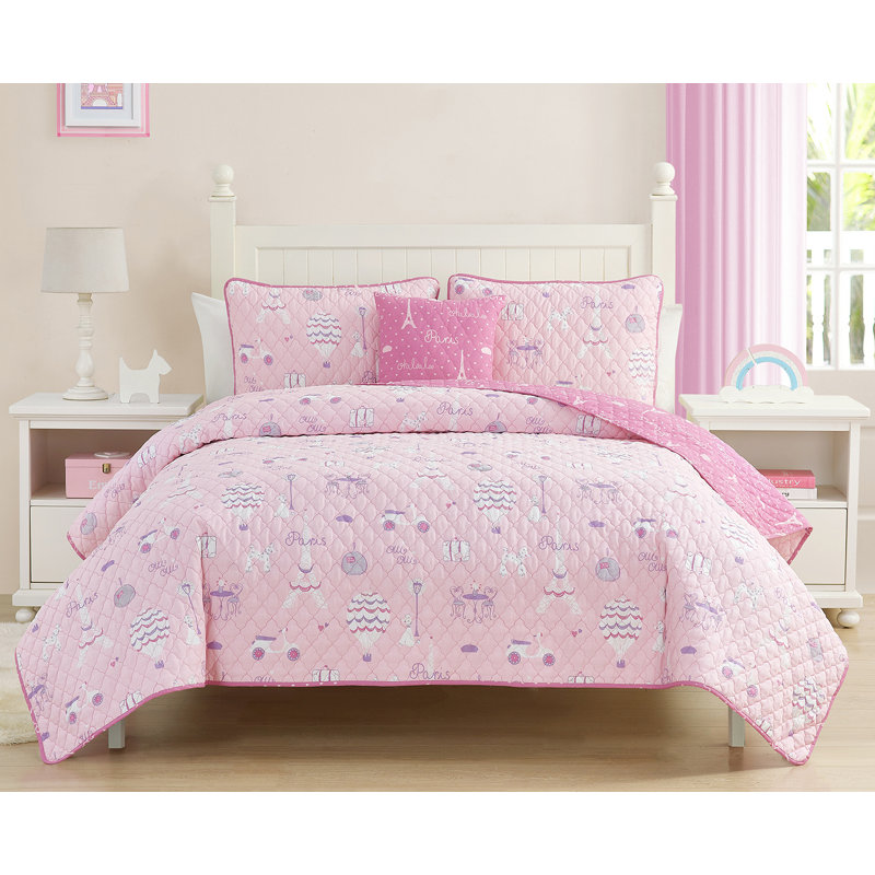 Pink Paris Themed Reversible Cotton Twin Quilt Set