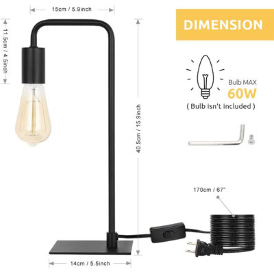Lampe de bureau industrielle avec cordon d'alimentation, ampoule de 60 W maximum (ampoule non incluse) de style rétro Edison pour bureau de chambre à coucher