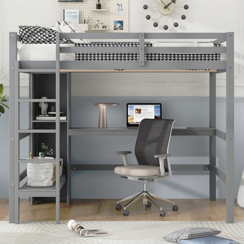 Lit mezzanine double avec tablettes multifonctionnelles et bureau sous le lit, gris