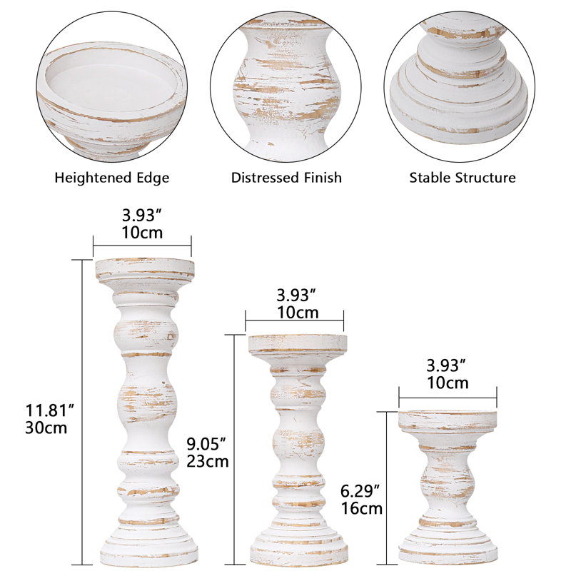 3-Piece Distressed White Wood Candle Holder Set – Rustic Farmhouse Pillar Candle Stands in 3 Heights for Living Room, Dining Table, and Home Decor