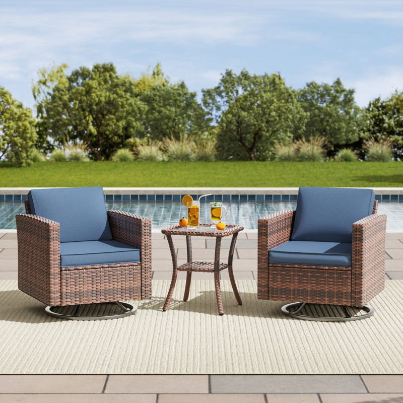 Kisner 3 Pieces Rocking Swivel Wicker Patio Chair With Cushions And Table, Navy