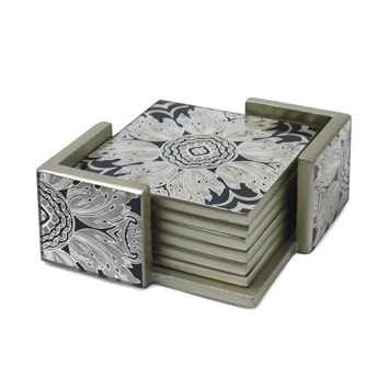 Reverse Painted Mirror Coaster Set with Holder, Midnight