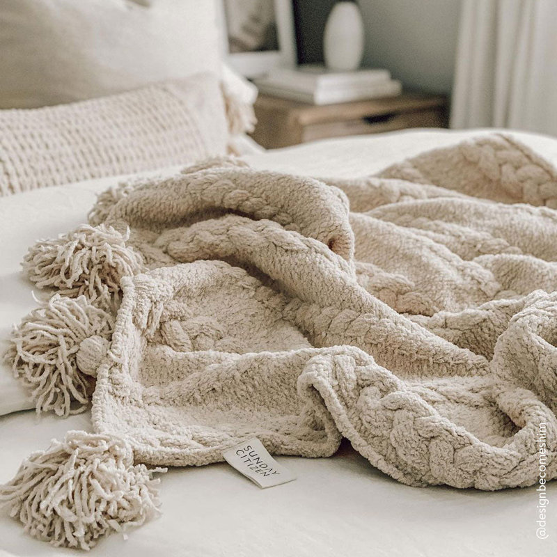 Braided Pom Throw Blanket, Sahara Tan