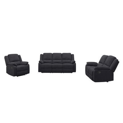 Ensemble de canapés inclinables manuels 3 pièces comprenant un canapé 3 places, une causeuse et un fauteuil inclinable individuel en polyester noir