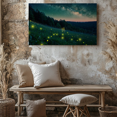 Canvas A Serene Enchanting Nighttime Landscape Featuring A Lush Green Meadow Wall Art Illuminated By Countless Glowing Fireflies Canvas Wall Art