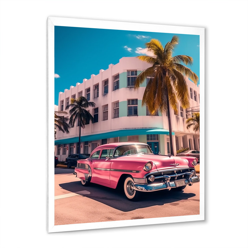 Miami Ocean Drive Pink Drive, reproduction d'art sur toile, H 20 po x l 12 po x P 1 po, Cadre photo blanc