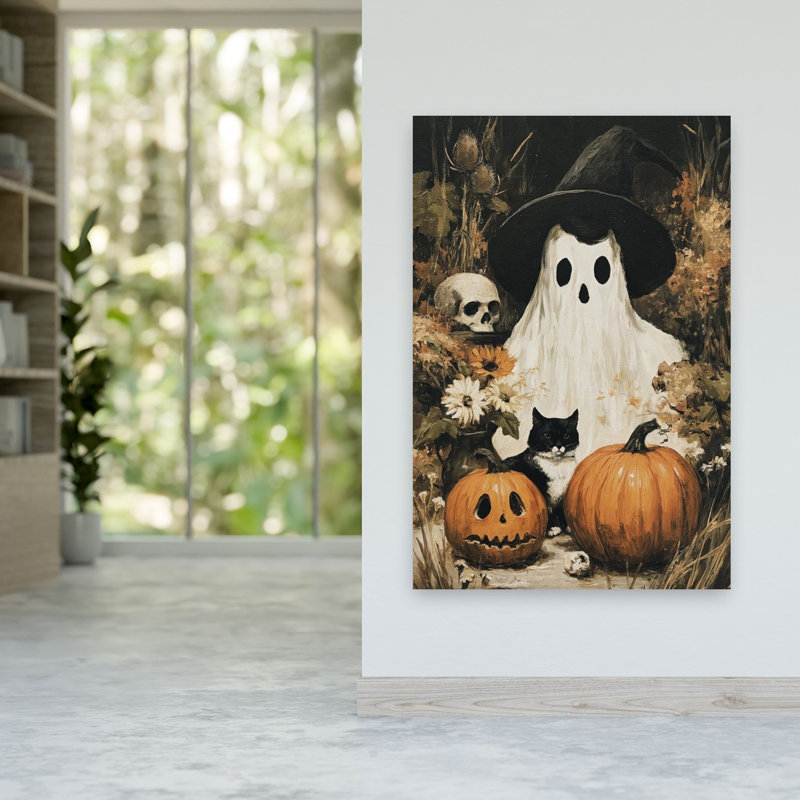 Spooky Ghost Cat Pumpkins Rustic Vintage Cat Autumn Flower Wall Art Print 1 Piece Wrapped Canvas Wall Art
