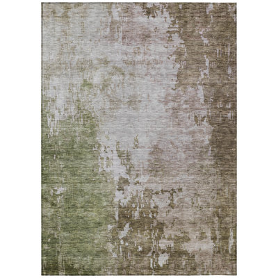 9' X 12' Brown And Green Abstract Washable Indoor Outdoor Area Rug