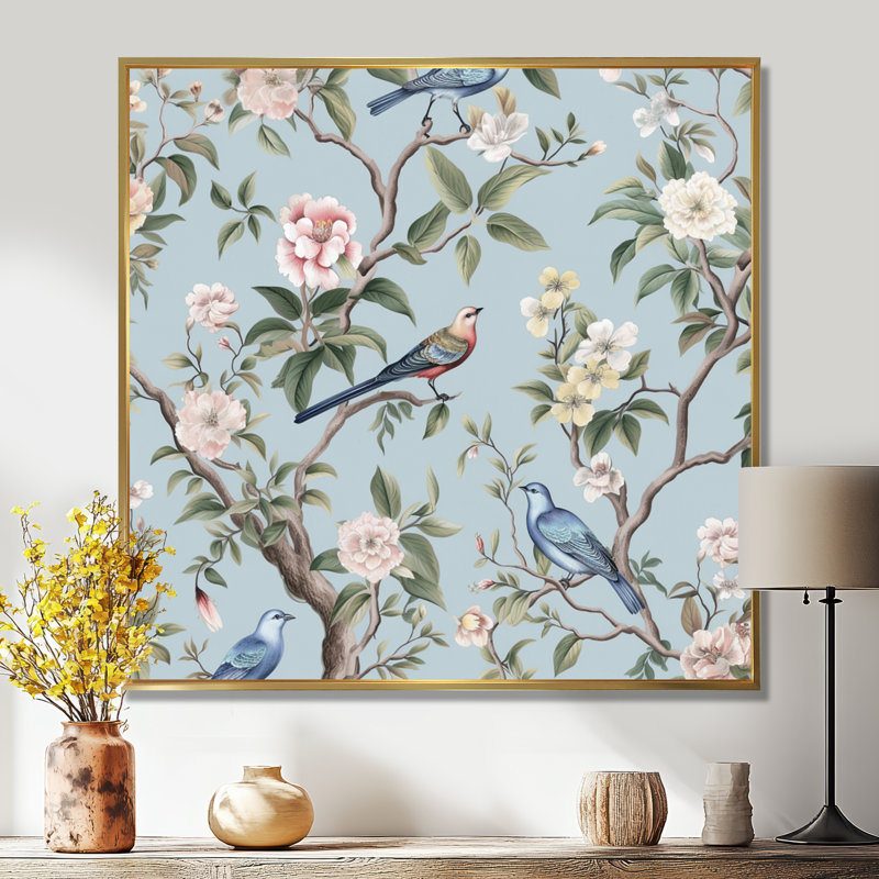 Amritha chinoiserie avec oiseaux et pivoines, art mural pour salon, oiseaux, 44" H x 44" W, Cadre flottant doré