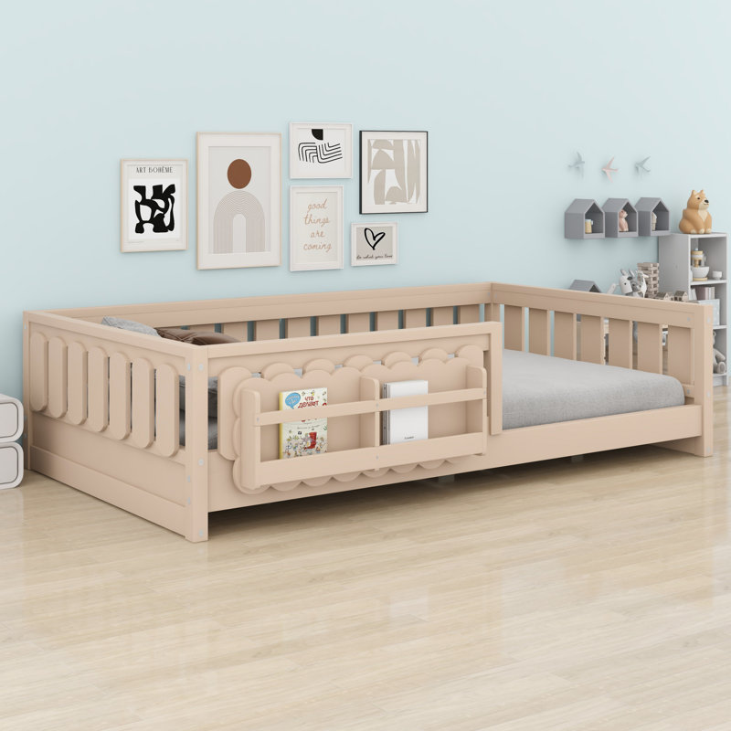 Lit plateforme avec garde-corps et tablettes de rangement, Naturel, Lit simple