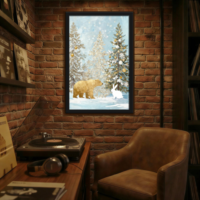 Animaux, hiver, forêt, ours et lapin, H 24 po x l 16 po
