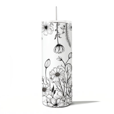 White and Black Wild Flowers Tumbler With Lid and Stainless Steel Straw, Beautiful Spring Travel Mug Gift