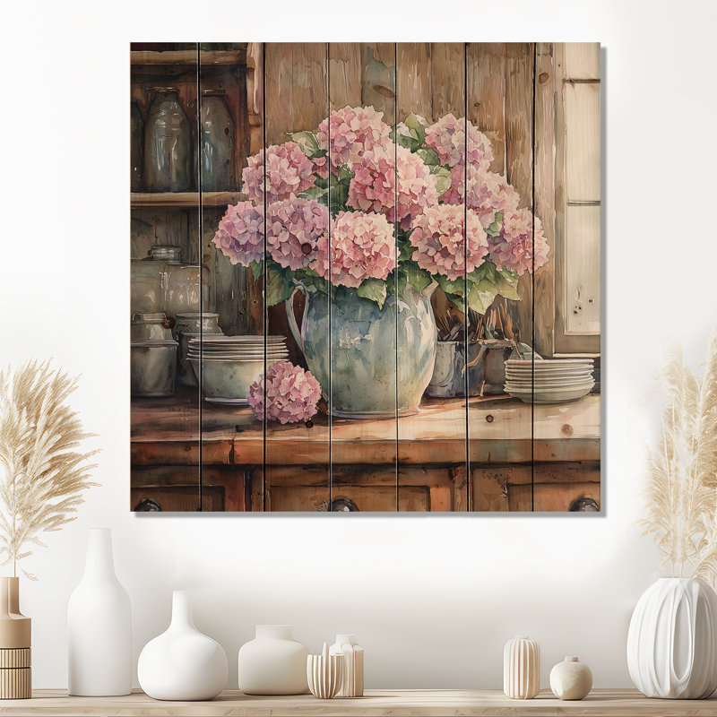 Hortensias à la ferme dans un vase de poterie II - impression d'hortensias sur bois de pin naturel
