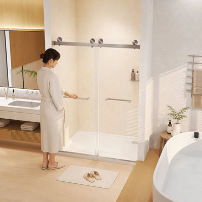 Porte de douche coulissante double sans cadre l 44 à 48 po x H 74 po, verre trempé de 8 mm avec film antidéflagrant, quincaillerie en nickel brossé, rail tubulaire carré