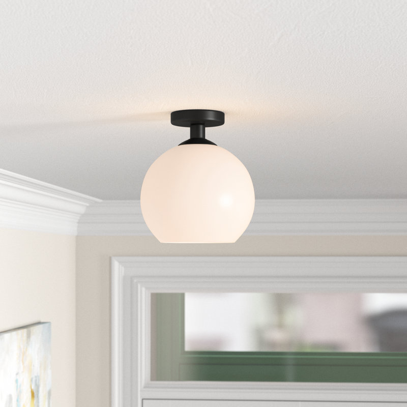 Plafonnier semi-encastré à 1 lumière Snead, H 9,3 po x l 7,9 po x P 7,9 po, Noir, Blanc givré