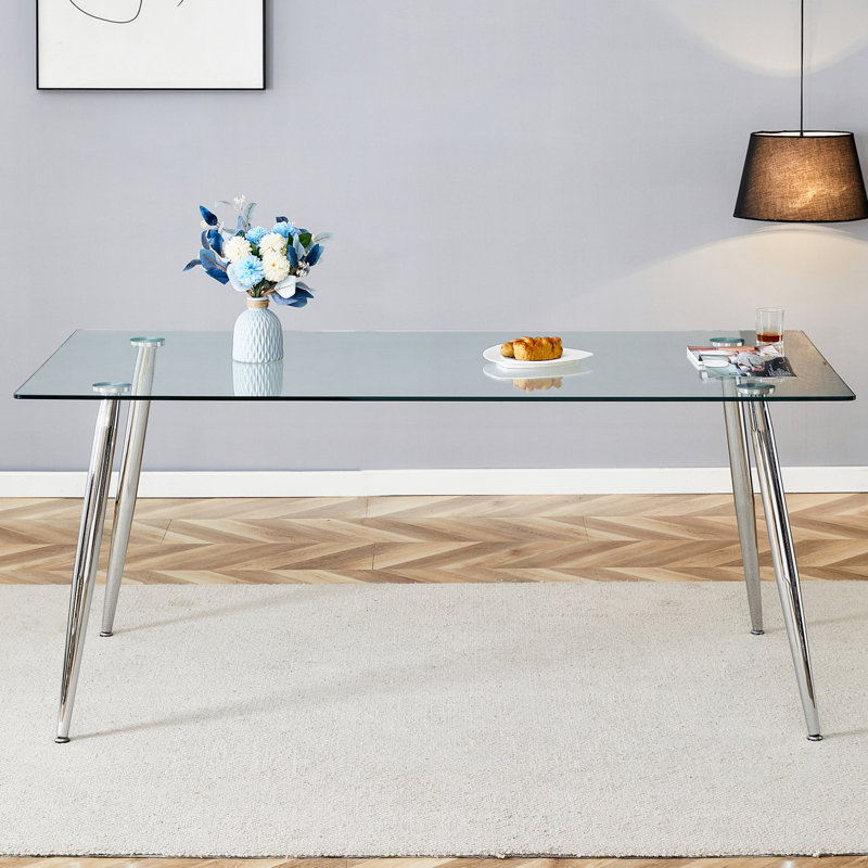 Table de salle à manger moderne en verre rectangulaire, pour 4 à 6 personnes, avec comptoir en verre trempé et pieds de table en métal argenté, bureau, convient pour la cuisine, la salle à manger et le salon. W1151S01595