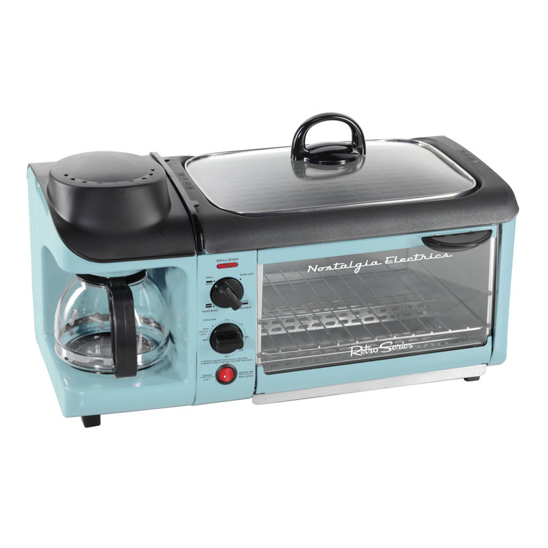 Nostalgia Retro 3-in-1 Family Size Electric Breakfast Station, Coffeemaker, Griddle, Toaster Oven, Aqua, Aqua
