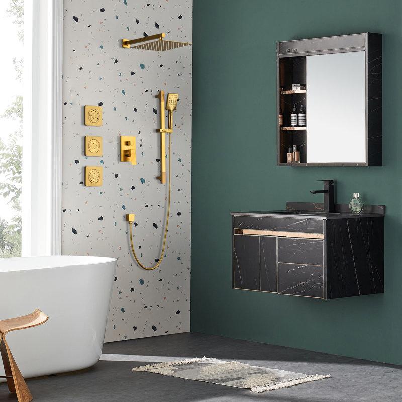 Ensemble de douche à pluie murale avec valve brute, Or brossé