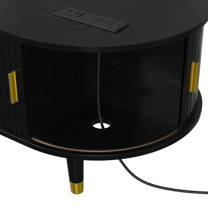 Table basse ovale cannelée avec station de charge, Noir