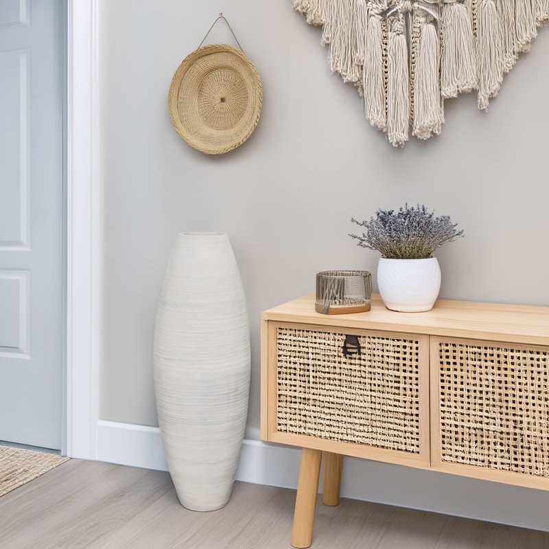 Grand vase de plancher en bambou fabriqué à la main Teebar, Blanc, H 27,5 po x l 11 po x P 11 po