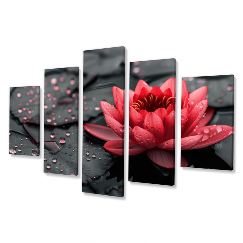 «Romantic Red Black Lotus Pond Photo II», ensemble d'art mural sur toile de lotus