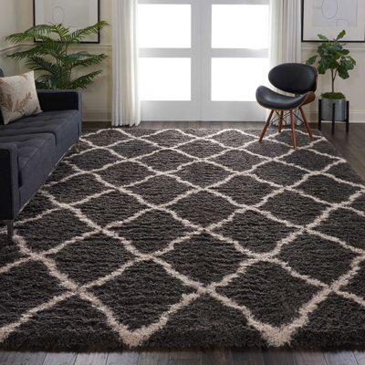 Tapis gris anthracite / beige à poil long à motif géométrique Schmit