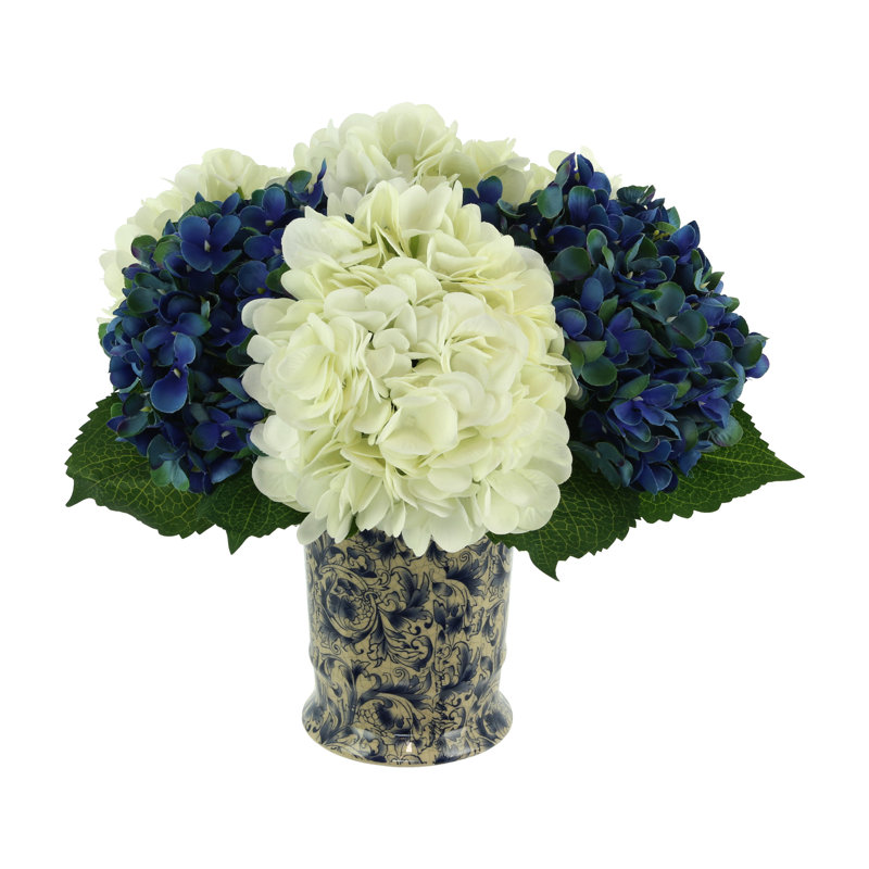 Hydrangea Arrangment In A Chinoiserie Vase, Blue/Light Green