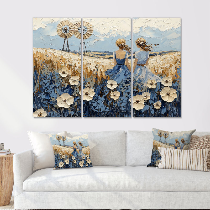 «White Blue Windmills Floral Fields II - Windmills», ensemble d'art mural, Métal métal, H 28 po x l 36 po x P 1 po