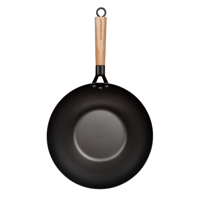 12-Inch Non-Stick Carbon Steel Wok with Glass Lid and Wooden Utensils
