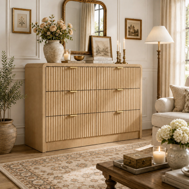 Commode double Sybrand moderne cannelée à 6 tiroirs, 120 cm de largeur, avec poignées en métal et dispositif antibasculement