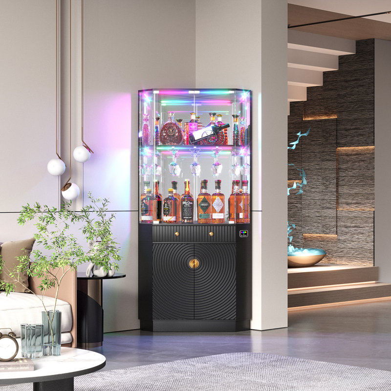 Corner Bar Cabinet With Led Lights And Human Body Sensor, 70.9" Tall Wine Cabinet Liquor Stand With Glass Holder And Tempered Glass Door