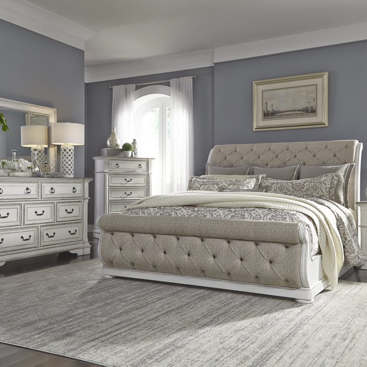 Wasser Upholstered Sleigh Bed, Dresser And Mirror, Chest Set