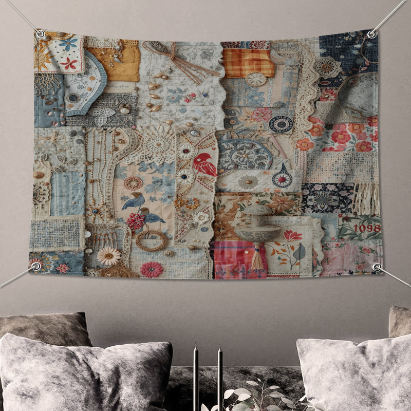 Tapisserie murale rétro en tissu - Patchwork, H 104 po x 88 avec 4 œillets