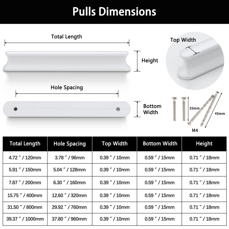 Cabinet Handles 4 Pack Matte Black Drawer Handles 4.72" Length Slim Waist Alumium Pulls, 5.04", White