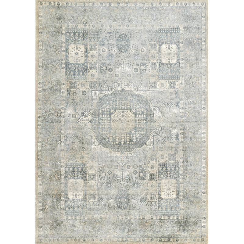 Bungalow Rose Atenas Hand Loomed Wool and Viscose Traditional Blue Area Rug, Rectangle 9' x 12'