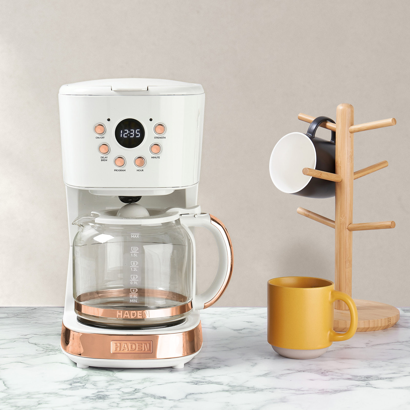 Haden 12-Cup Programmable Drip Coffee Maker, Ivory/Copper